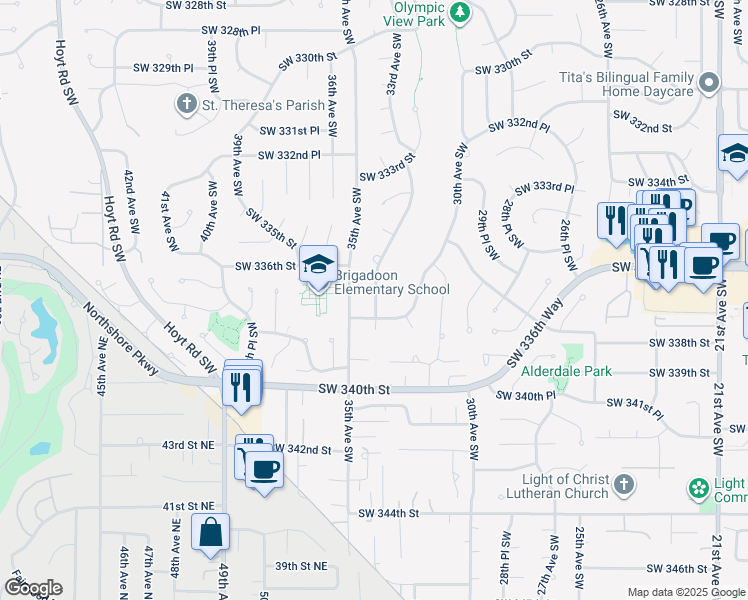 map of restaurants, bars, coffee shops, grocery stores, and more near 33719 33rd Place Southwest in Federal Way