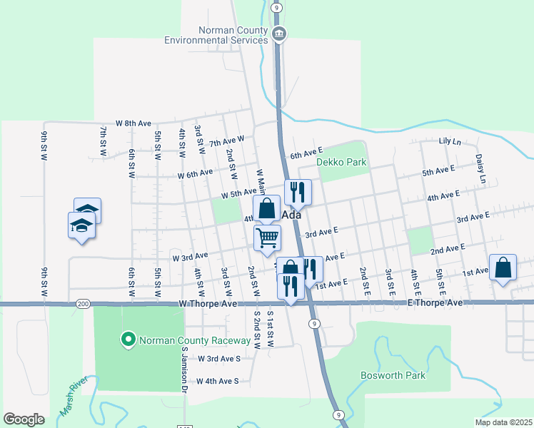 map of restaurants, bars, coffee shops, grocery stores, and more near 404 West Main Street in Ada