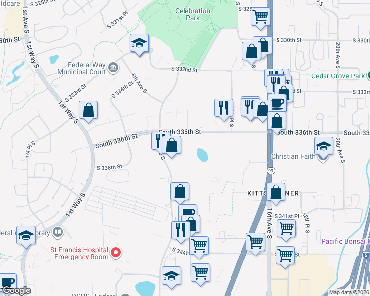 map of restaurants, bars, coffee shops, grocery stores, and more near 1001 South 336th Street in Federal Way