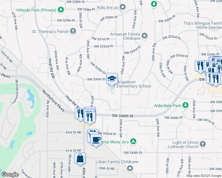 map of restaurants, bars, coffee shops, grocery stores, and more near 3601 Southwest 336th Street in Federal Way