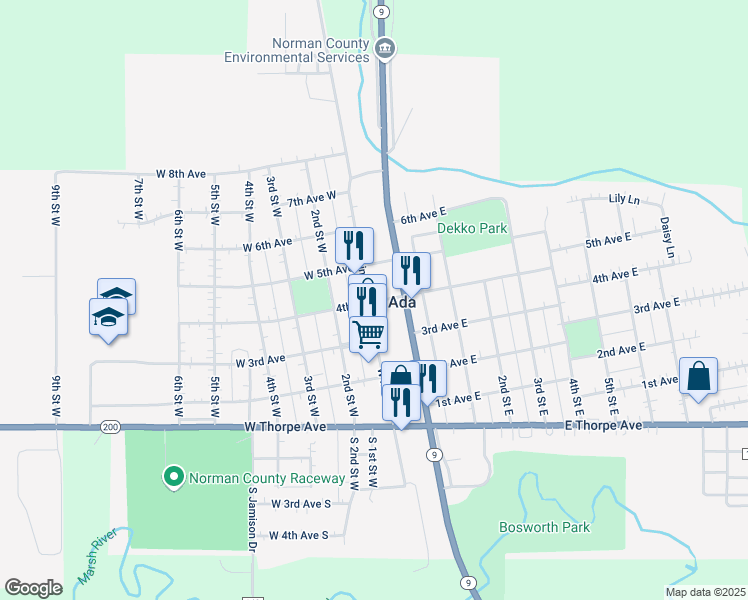 map of restaurants, bars, coffee shops, grocery stores, and more near 404 West Main Street in Ada