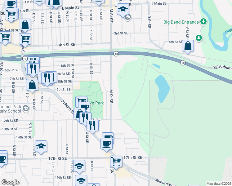 map of restaurants, bars, coffee shops, grocery stores, and more near 902 M Street Southeast in Auburn