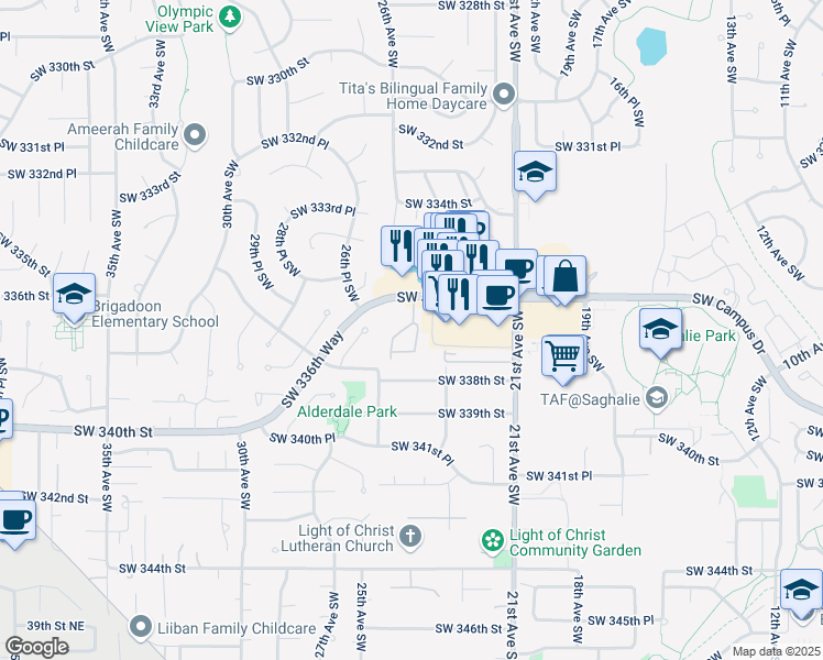 map of restaurants, bars, coffee shops, grocery stores, and more near 2501 Southwest 336th Street in Federal Way