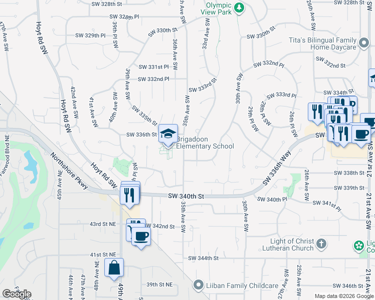 map of restaurants, bars, coffee shops, grocery stores, and more near 33719 33rd Place Southwest in Federal Way