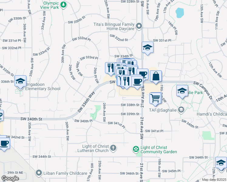 map of restaurants, bars, coffee shops, grocery stores, and more near 2501 Southwest 336th Street in Federal Way