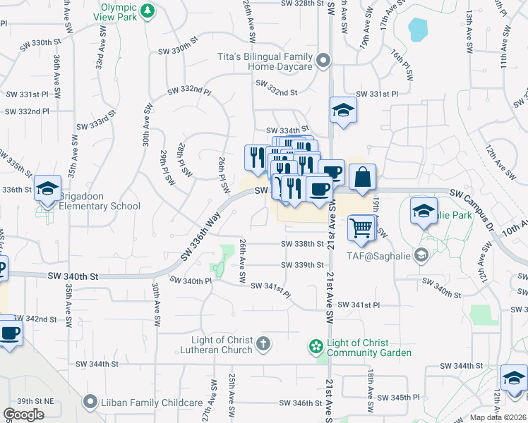 map of restaurants, bars, coffee shops, grocery stores, and more near 2501 Southwest 336th Street in Federal Way