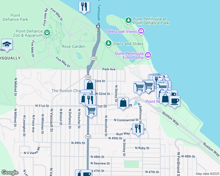 map of restaurants, bars, coffee shops, grocery stores, and more near 5515 North 52nd Street in Ruston