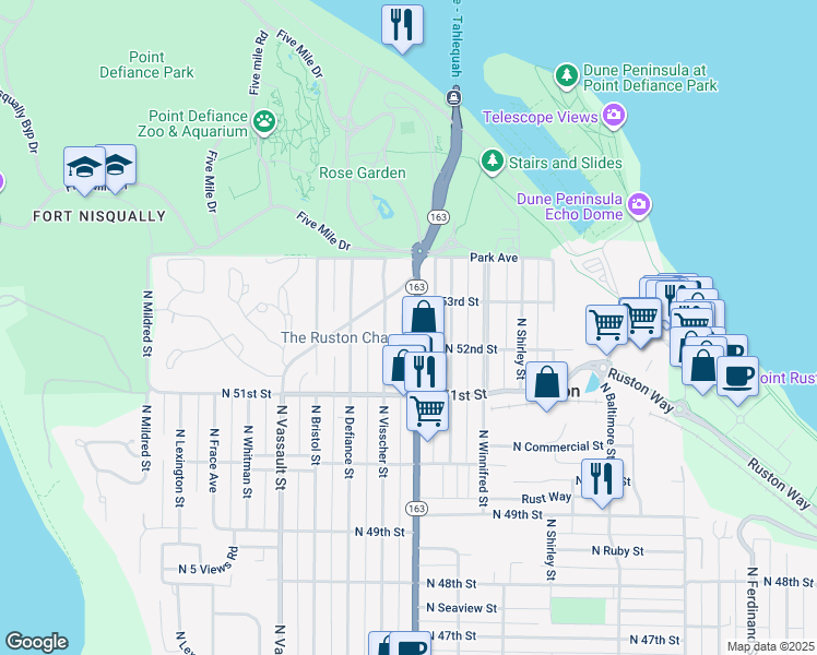 map of restaurants, bars, coffee shops, grocery stores, and more near 5201 North Pearl Street in Ruston