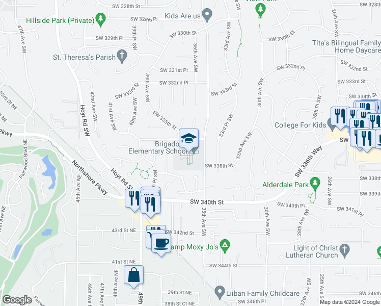 map of restaurants, bars, coffee shops, grocery stores, and more near 3601 Southwest 336th Street in Federal Way