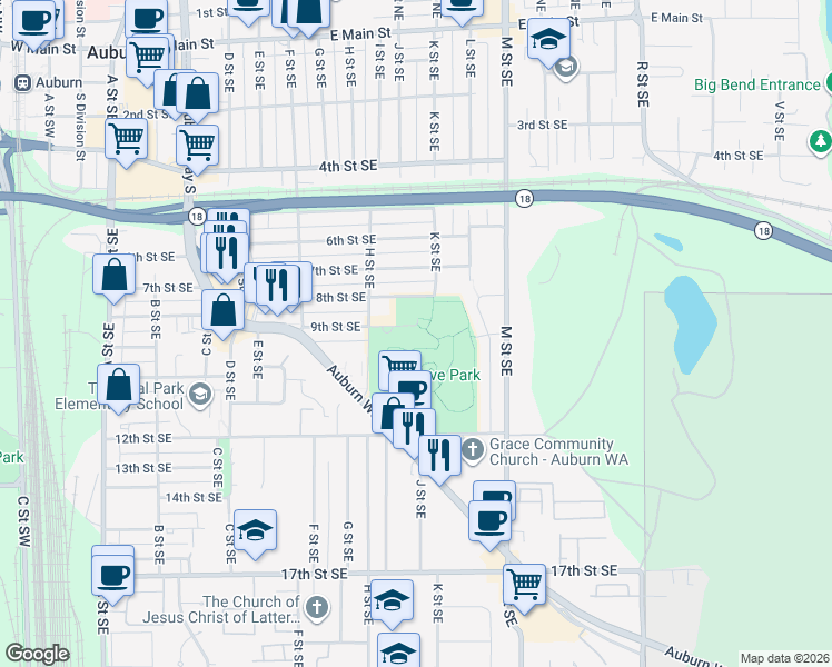 map of restaurants, bars, coffee shops, grocery stores, and more near Unnamed Road in Auburn
