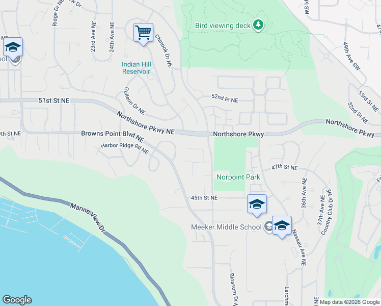 map of restaurants, bars, coffee shops, grocery stores, and more near 2801 47th Street Northeast in Tacoma