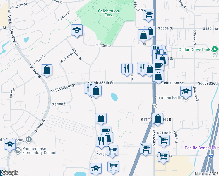 map of restaurants, bars, coffee shops, grocery stores, and more near 1001 South 336th Street in Federal Way