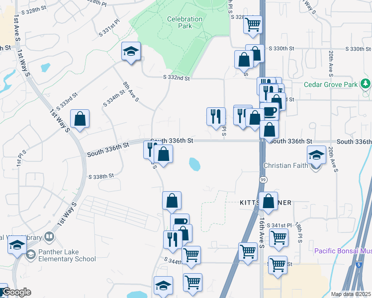map of restaurants, bars, coffee shops, grocery stores, and more near 1001 South 336th Street in Federal Way
