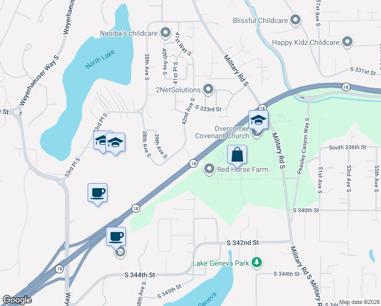 map of restaurants, bars, coffee shops, grocery stores, and more near 33516 42nd Avenue South in Federal Way