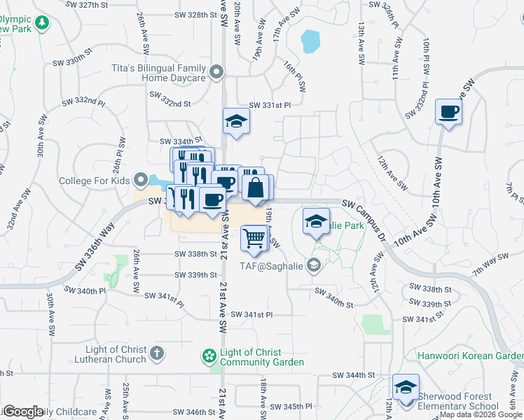 map of restaurants, bars, coffee shops, grocery stores, and more near 1900 Southwest 336th Street in Federal Way