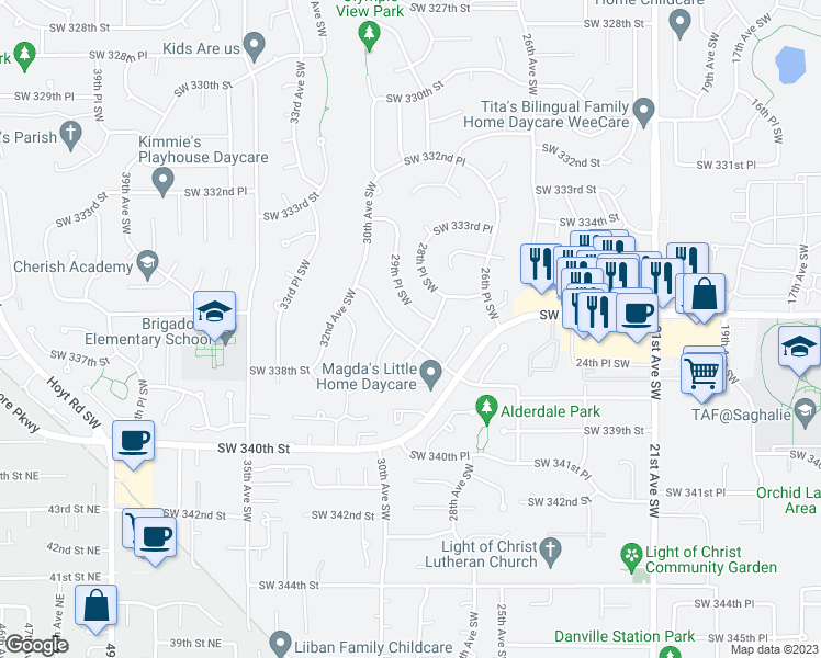 map of restaurants, bars, coffee shops, grocery stores, and more near 33528 29th Place Southwest in Federal Way