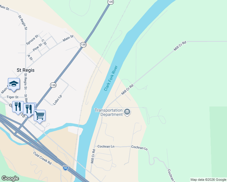 map of restaurants, bars, coffee shops, grocery stores, and more near 10 Pioneer Lane in Saint Regis