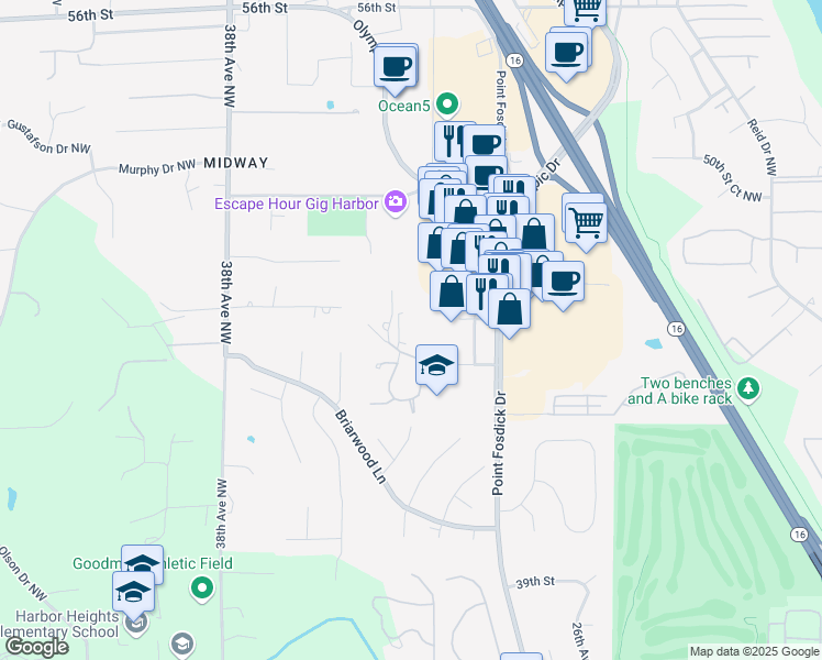 map of restaurants, bars, coffee shops, grocery stores, and more near 3213 45th Street Court in Gig Harbor