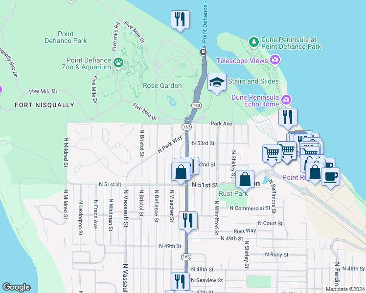 map of restaurants, bars, coffee shops, grocery stores, and more near in Tacoma