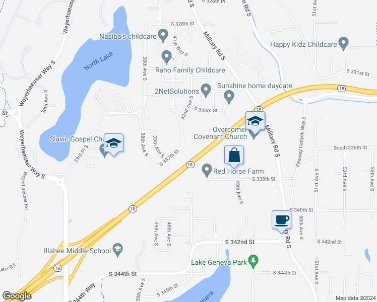 map of restaurants, bars, coffee shops, grocery stores, and more near 33708 42nd Court South in Federal Way