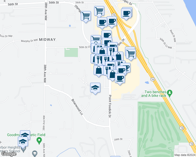 map of restaurants, bars, coffee shops, grocery stores, and more near 4700 Point Fosdick Drive Northwest in Gig Harbor