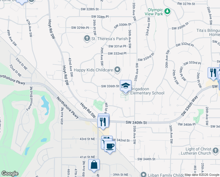 map of restaurants, bars, coffee shops, grocery stores, and more near 3728 Southwest 336th Street in Federal Way