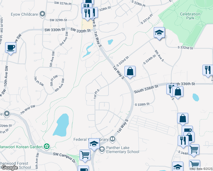 map of restaurants, bars, coffee shops, grocery stores, and more near 33356 1st Lane South in Federal Way