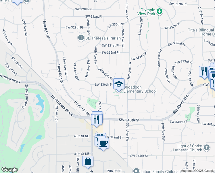 map of restaurants, bars, coffee shops, grocery stores, and more near 3715 Southwest 336th Street in Federal Way