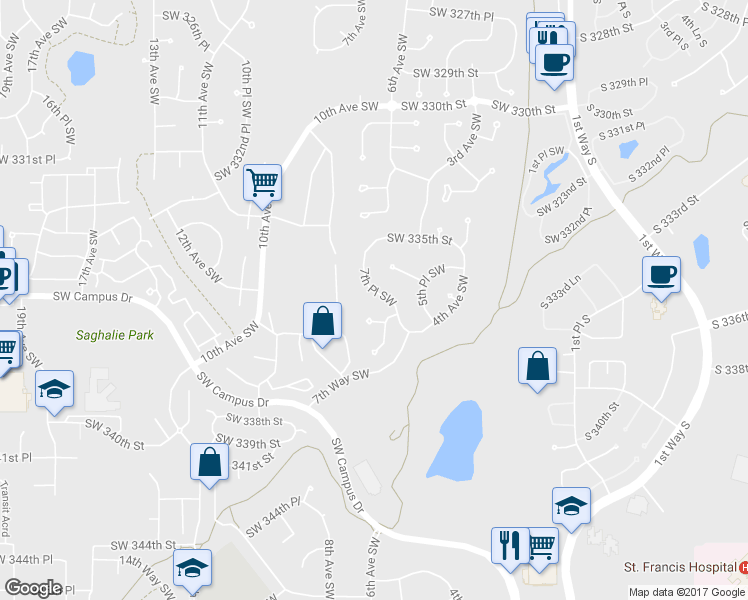 map of restaurants, bars, coffee shops, grocery stores, and more near 33615 7th Place Southwest in Federal Way