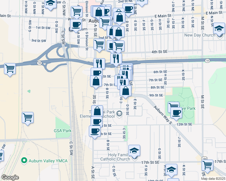map of restaurants, bars, coffee shops, grocery stores, and more near 212 7th Street Southeast in Auburn
