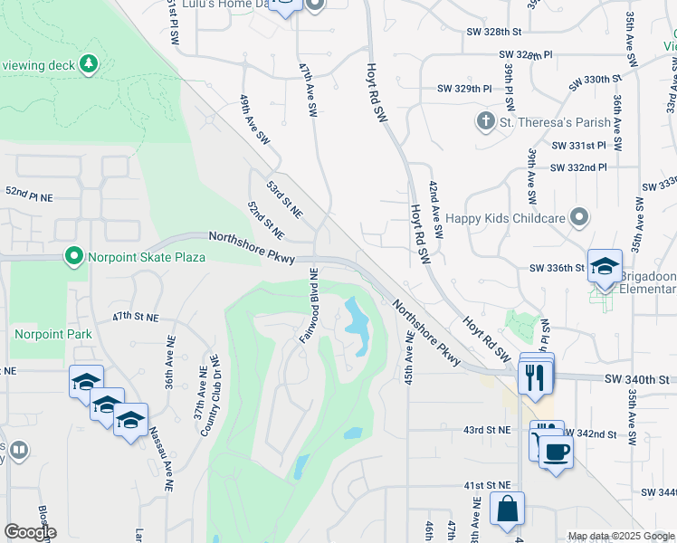 map of restaurants, bars, coffee shops, grocery stores, and more near 4204 53rd Street Court Northeast in Tacoma