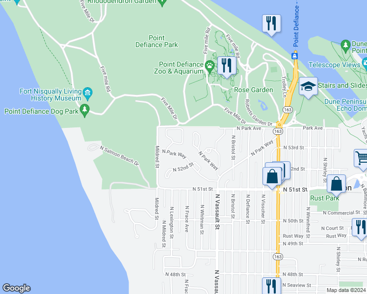 map of restaurants, bars, coffee shops, grocery stores, and more near 6502 North 53rd Street in Tacoma