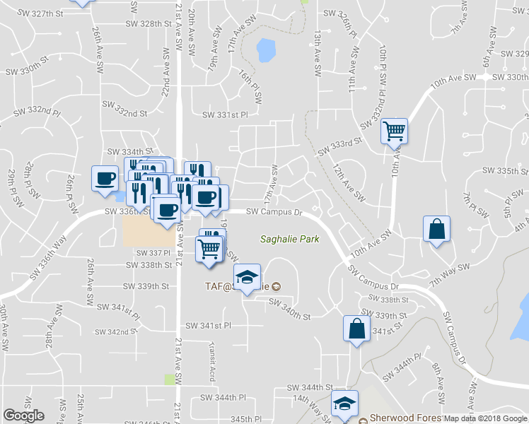 map of restaurants, bars, coffee shops, grocery stores, and more near 1607 Southwest Campus Drive in Federal Way