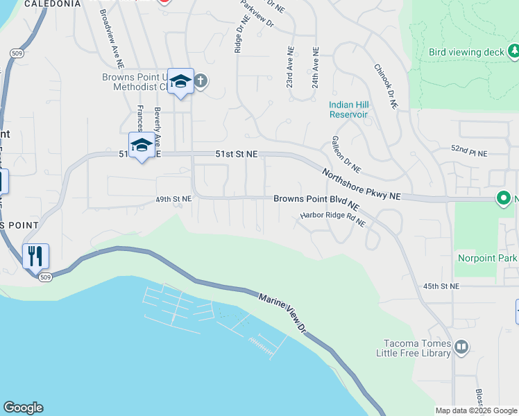 map of restaurants, bars, coffee shops, grocery stores, and more near 4614 Browns Point Boulevard in Tacoma
