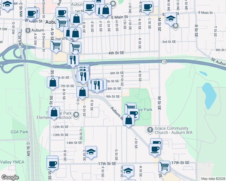 map of restaurants, bars, coffee shops, grocery stores, and more near 625 8th Street Southeast in Auburn