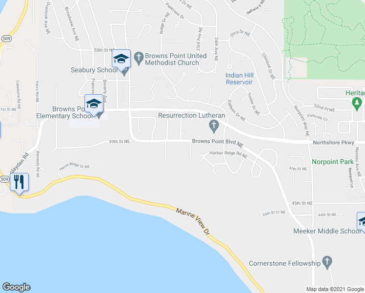 map of restaurants, bars, coffee shops, grocery stores, and more near 4614 Browns Point Boulevard in Tacoma