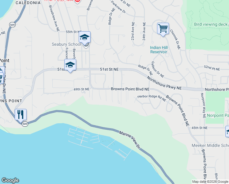 map of restaurants, bars, coffee shops, grocery stores, and more near 4702 Browns Point Boulevard Northeast in Tacoma