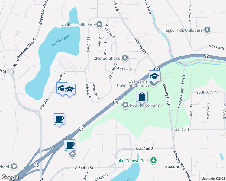 map of restaurants, bars, coffee shops, grocery stores, and more near 33516 42nd Avenue South in Federal Way