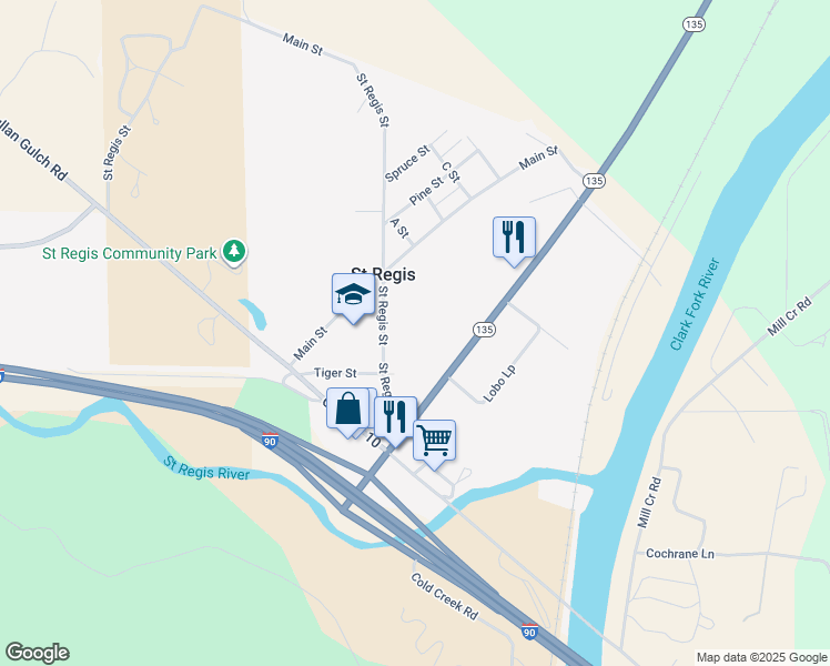 map of restaurants, bars, coffee shops, grocery stores, and more near 343 Montana 135 in Saint Regis