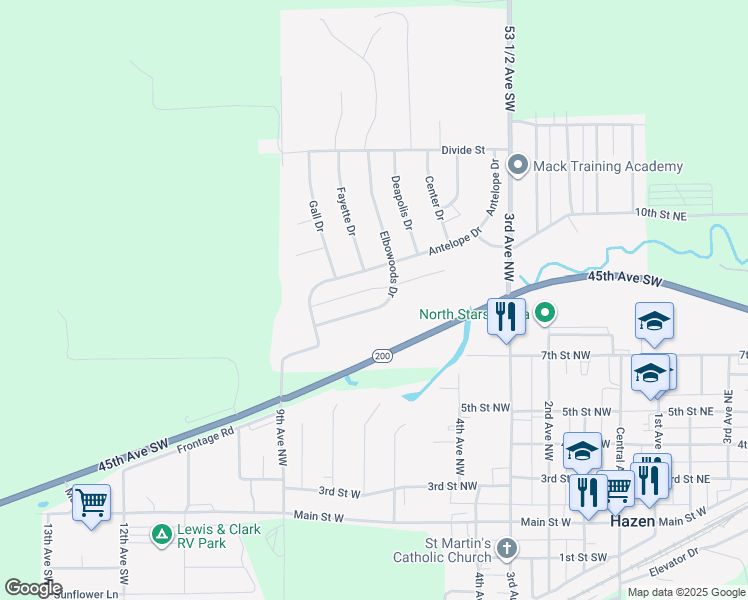 map of restaurants, bars, coffee shops, grocery stores, and more near 930 Elbowoods Drive in Hazen