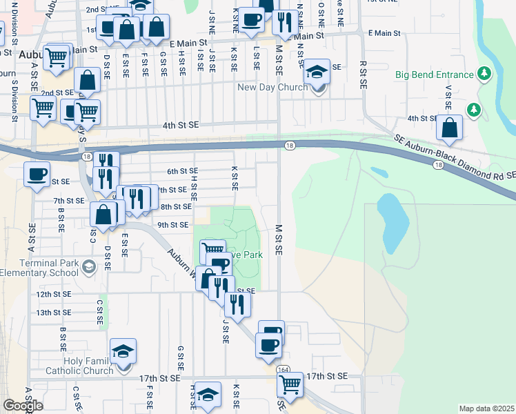 map of restaurants, bars, coffee shops, grocery stores, and more near 1113 8th Street Southeast in Auburn