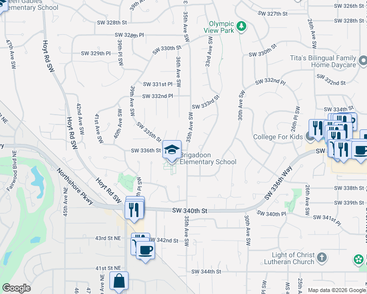 map of restaurants, bars, coffee shops, grocery stores, and more near 33529 35th Avenue Southwest in Federal Way