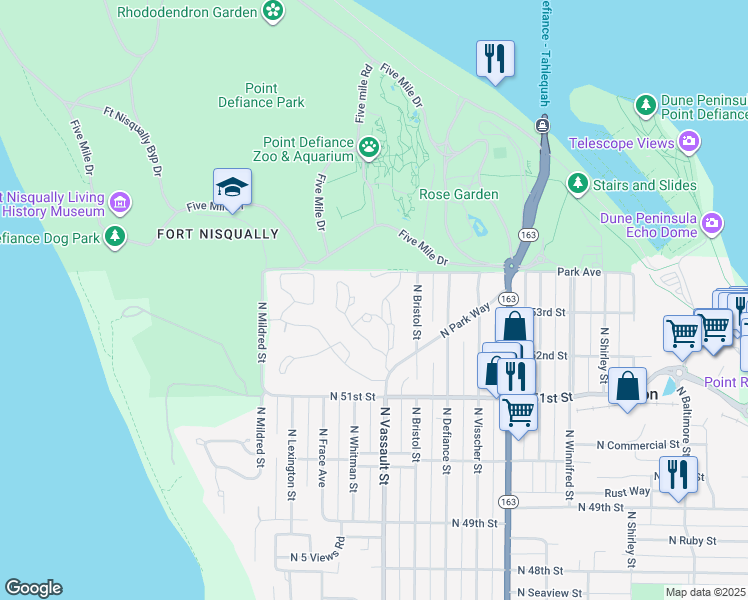 map of restaurants, bars, coffee shops, grocery stores, and more near 5340 North Bristol Street in Tacoma