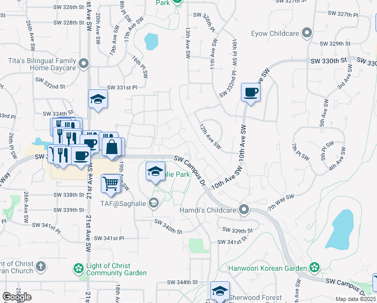 map of restaurants, bars, coffee shops, grocery stores, and more near 1300 Southwest Campus Drive in Federal Way