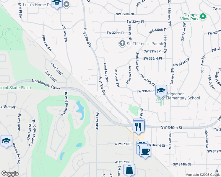 map of restaurants, bars, coffee shops, grocery stores, and more near 33508 42nd Avenue Southwest in Federal Way