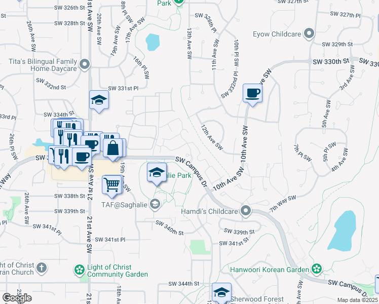map of restaurants, bars, coffee shops, grocery stores, and more near 1300 Southwest Campus Drive in Federal Way