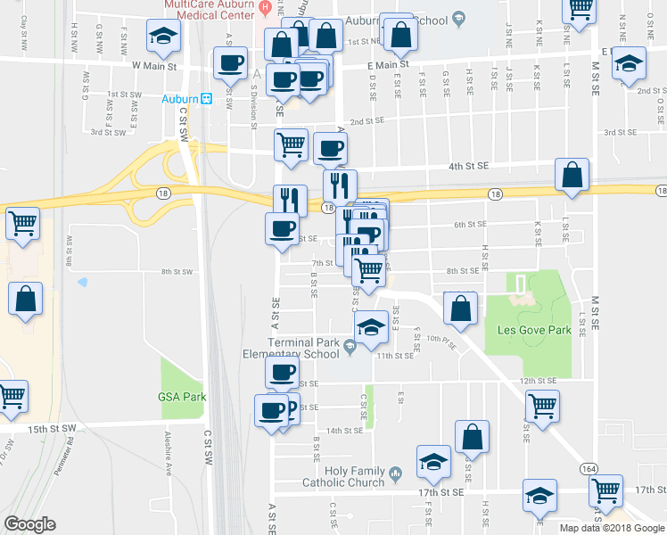 map of restaurants, bars, coffee shops, grocery stores, and more near 212 7th Street Southeast in Auburn