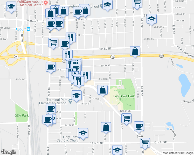 map of restaurants, bars, coffee shops, grocery stores, and more near 609 8th Street Southeast in Auburn