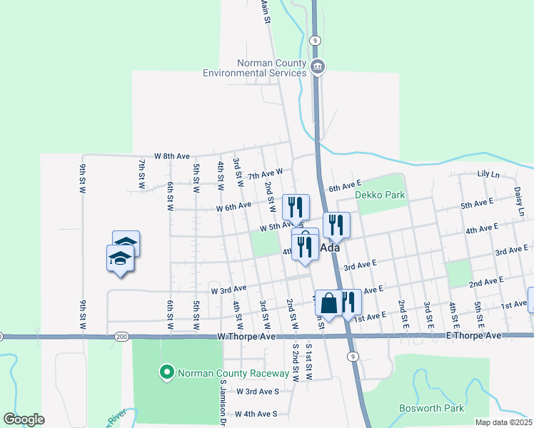 map of restaurants, bars, coffee shops, grocery stores, and more near 506 2nd Street West in Ada