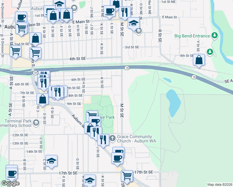map of restaurants, bars, coffee shops, grocery stores, and more near 1113 8th Street Southeast in Auburn